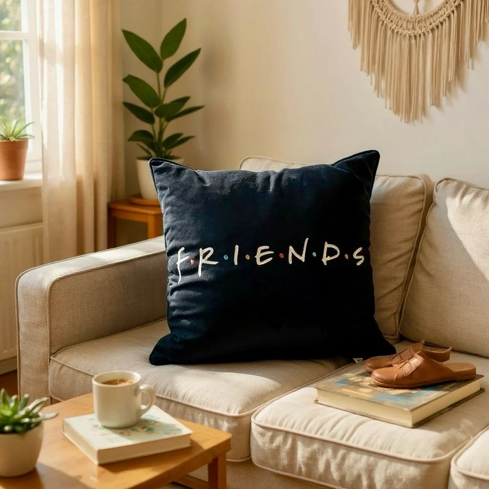 Throw/accent Pillow, Black velour/velvet embroidered letters FRIENDS TV series